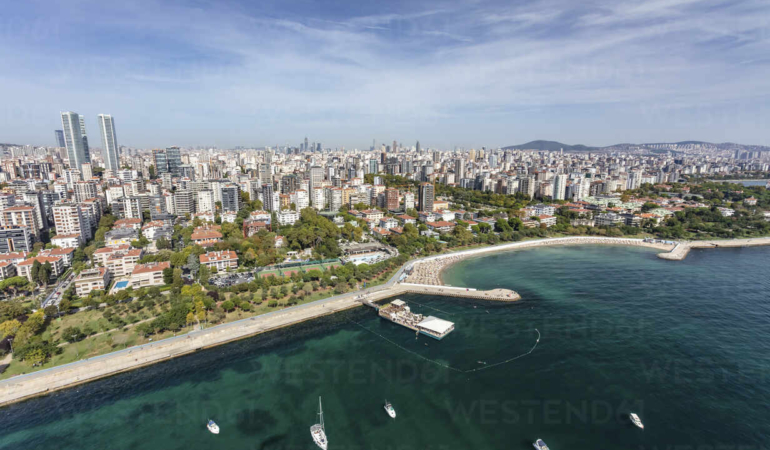 Aerial view of beach and park in Caddebostan district on the Marmara Sea coast of the Asian side of Istanbul, Turkey.